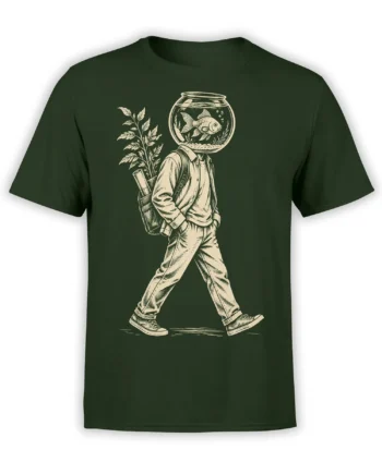 Fishbowl-headed wanderer graphic with backpack and plants printed on a green T-shirt