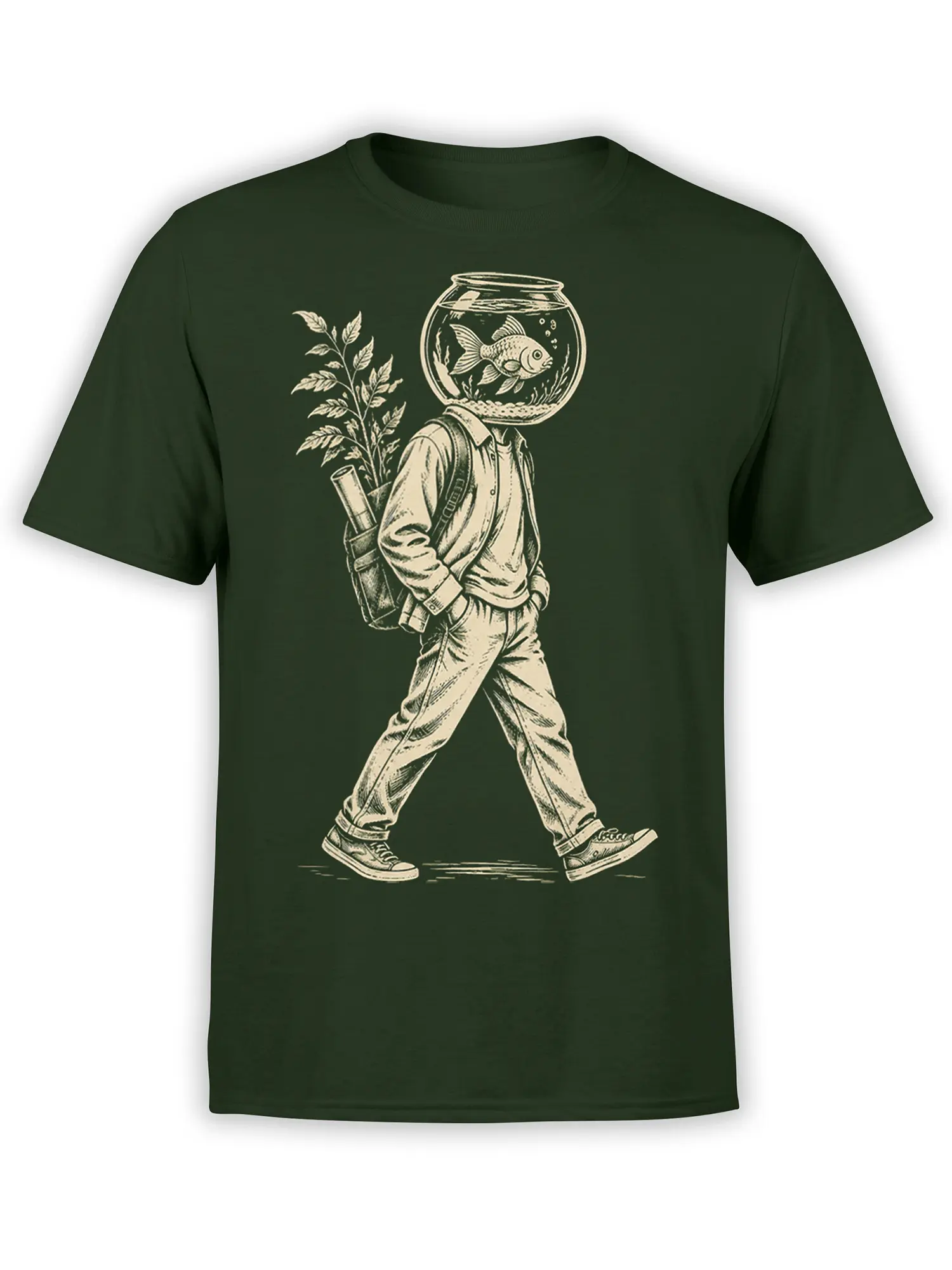 Fishbowl-headed wanderer graphic with backpack and plants printed on a green T-shirt