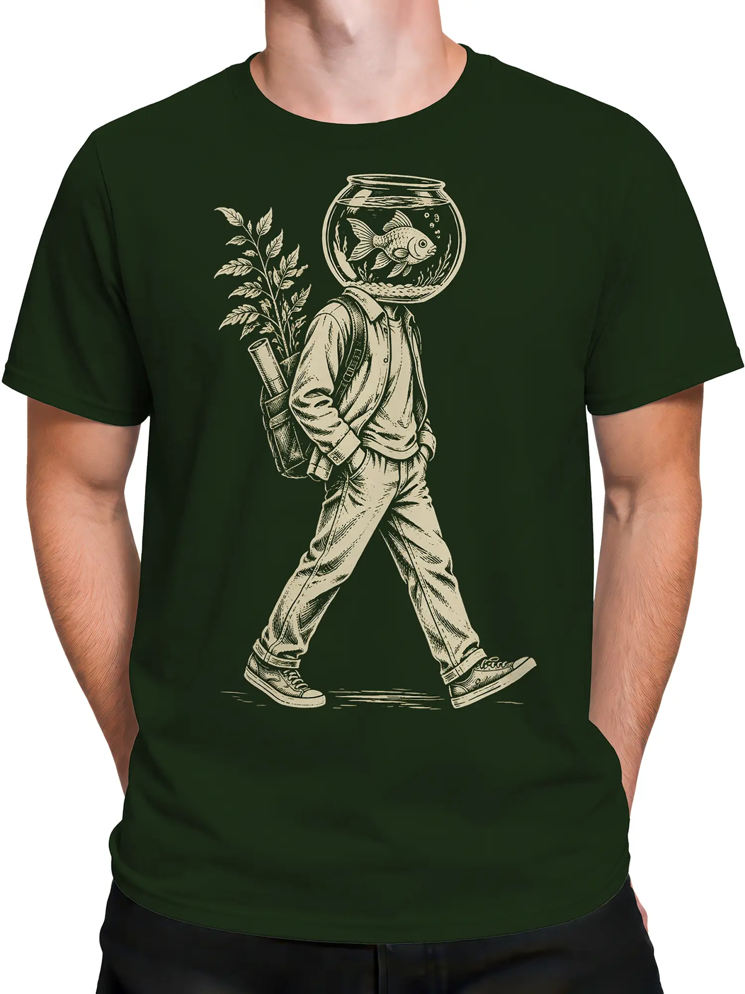 Male torso wearing a green T-shirt with a surreal fishbowl character graphic
