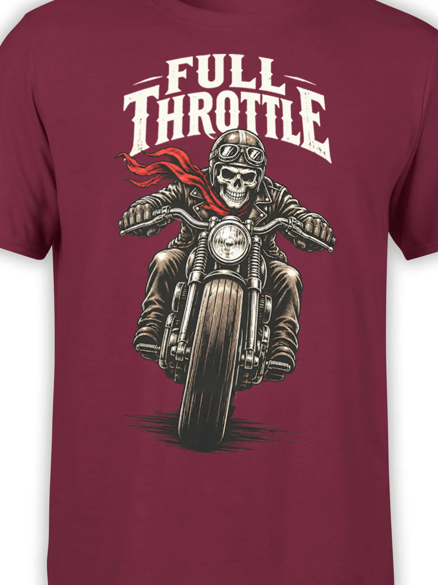 Close-up of skull biker, motorcycle details, and Full Throttle lettering on burgundy fabric