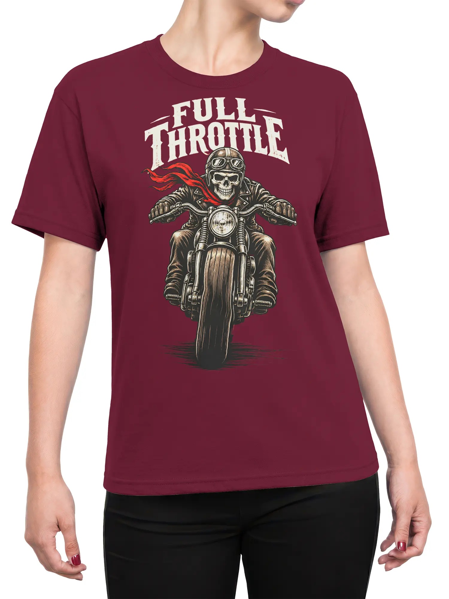 Female torso wearing a burgundy skull biker motorcycle T-shirt with Full Throttle graphic