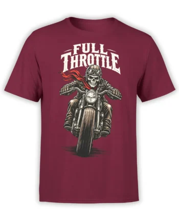 Skull biker riding a motorcycle with Full Throttle lettering on a burgundy graphic T-shirt