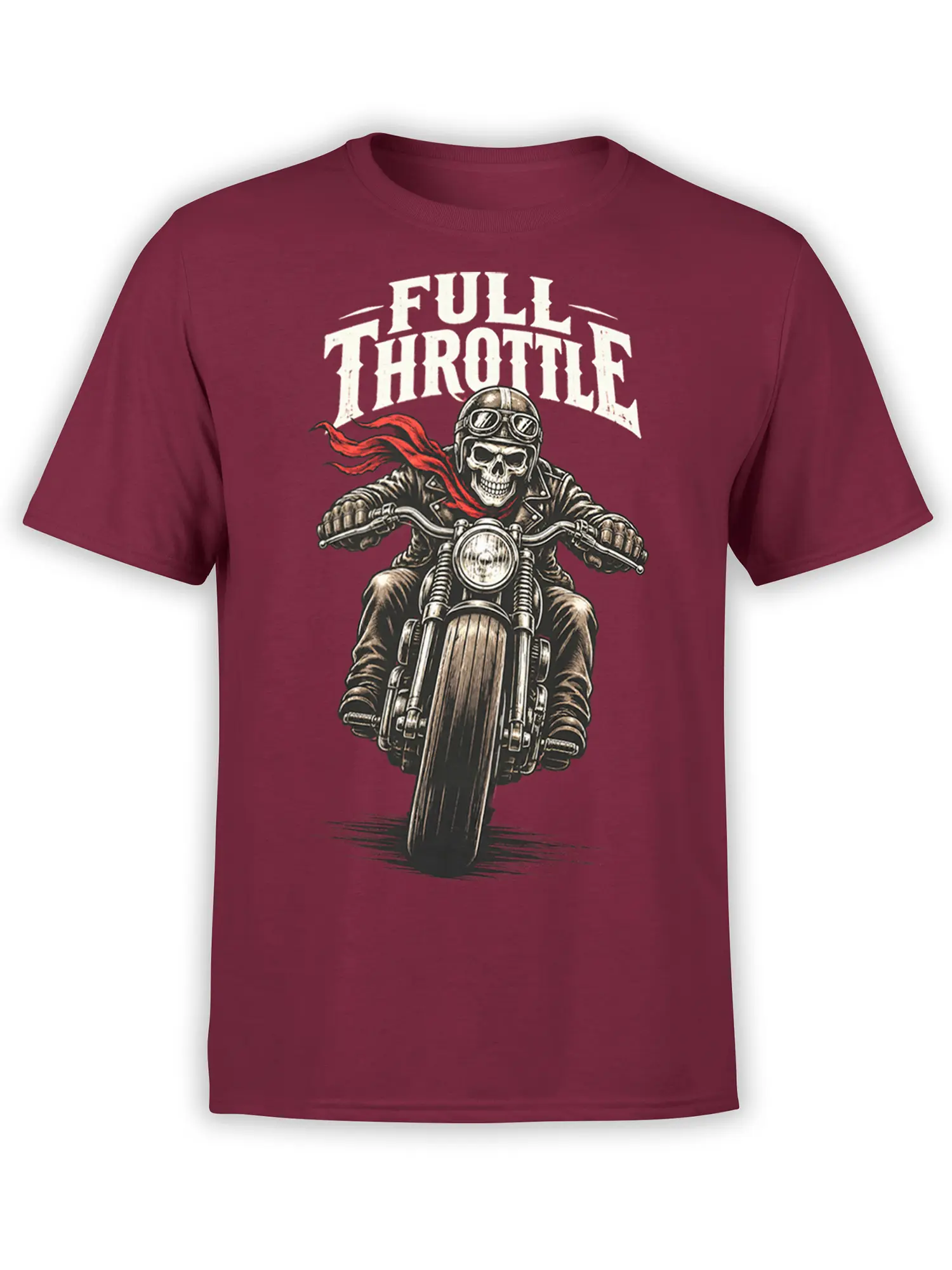 Skull biker riding a motorcycle with Full Throttle lettering on a burgundy graphic T-shirt