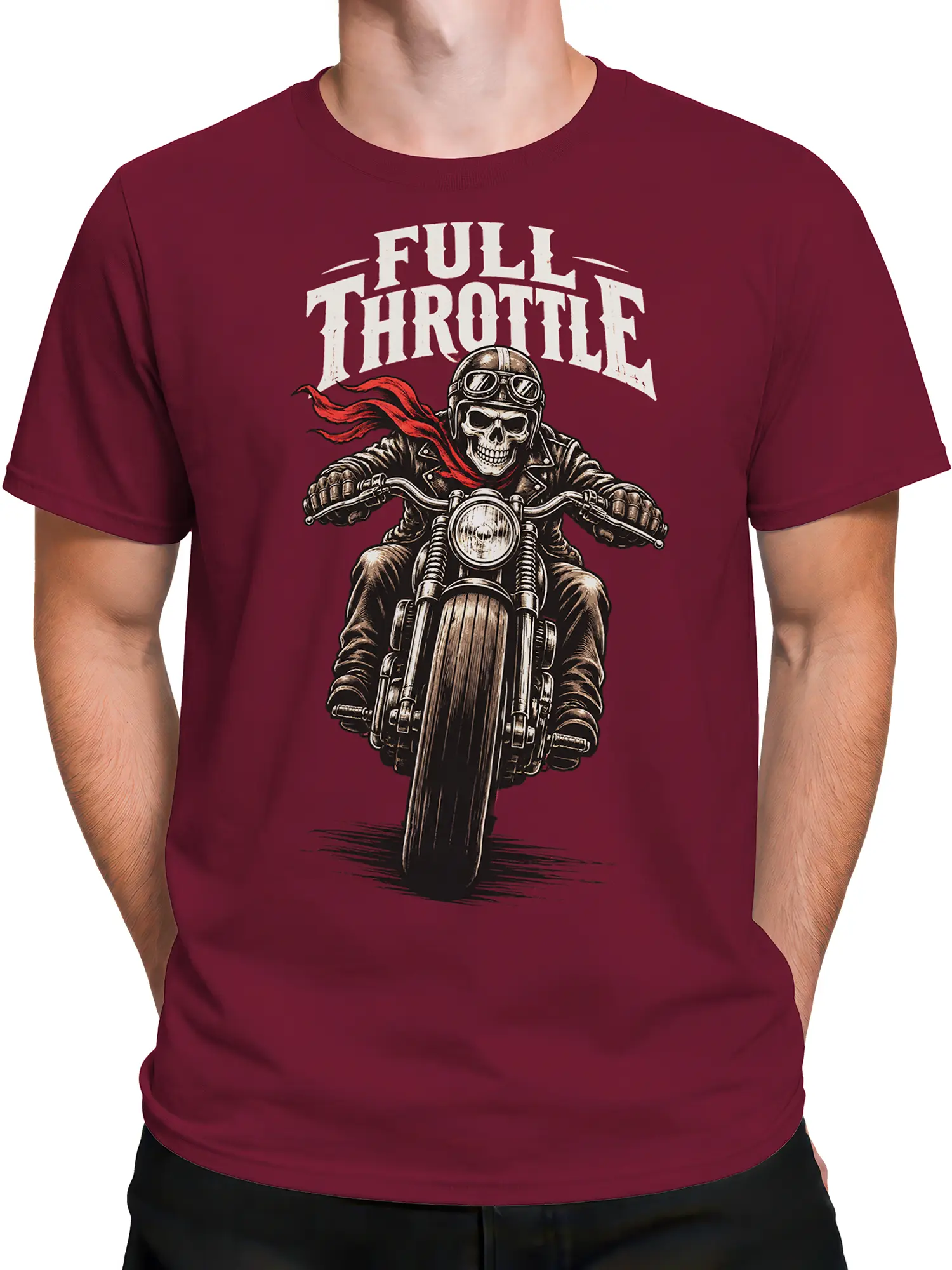 Male torso wearing a burgundy motorcycle T-shirt with skull biker and Full Throttle design