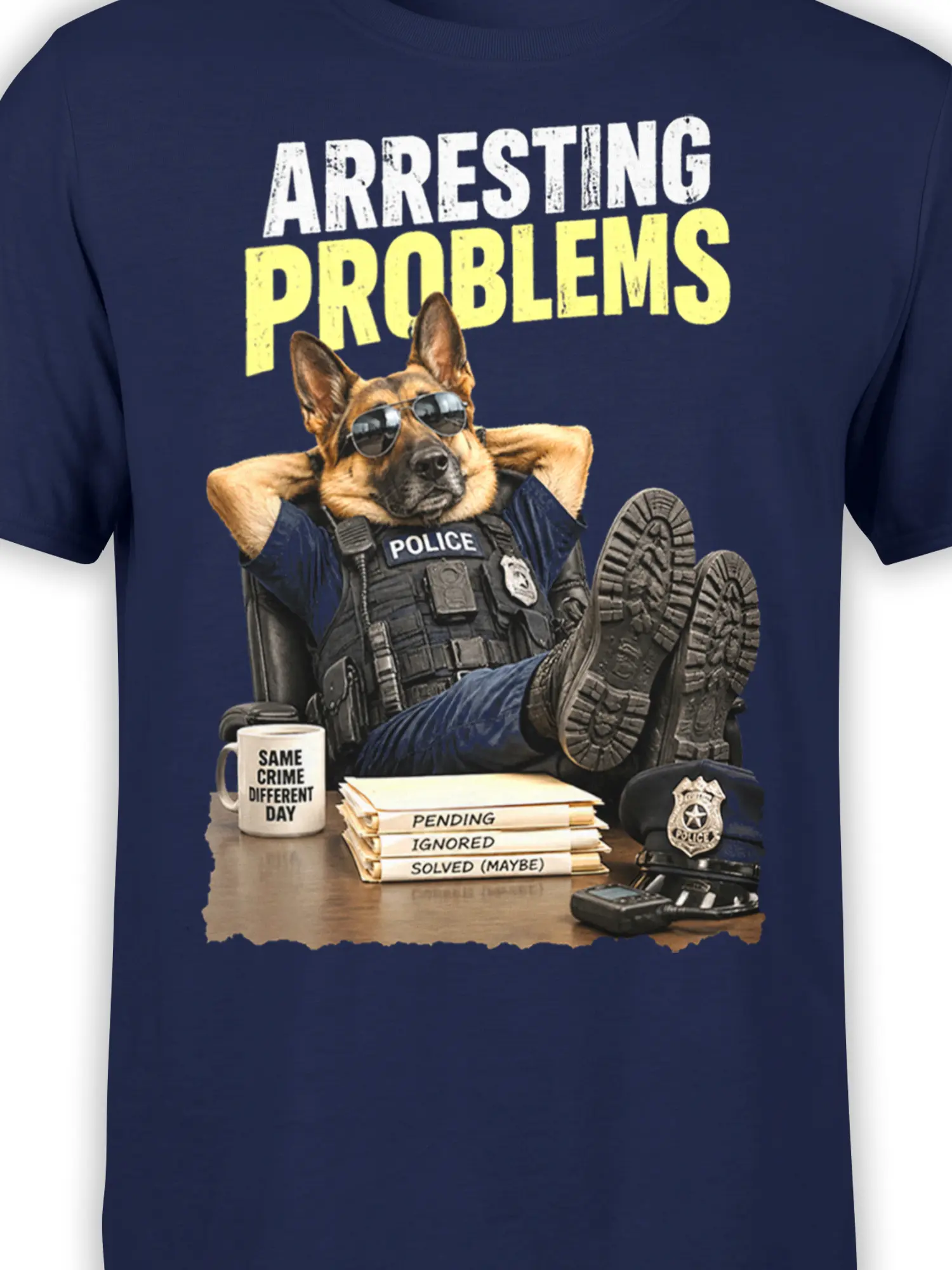 Close-up of German shepherd police dog artwork, paperwork, coffee mug, and bold text on navy fabric