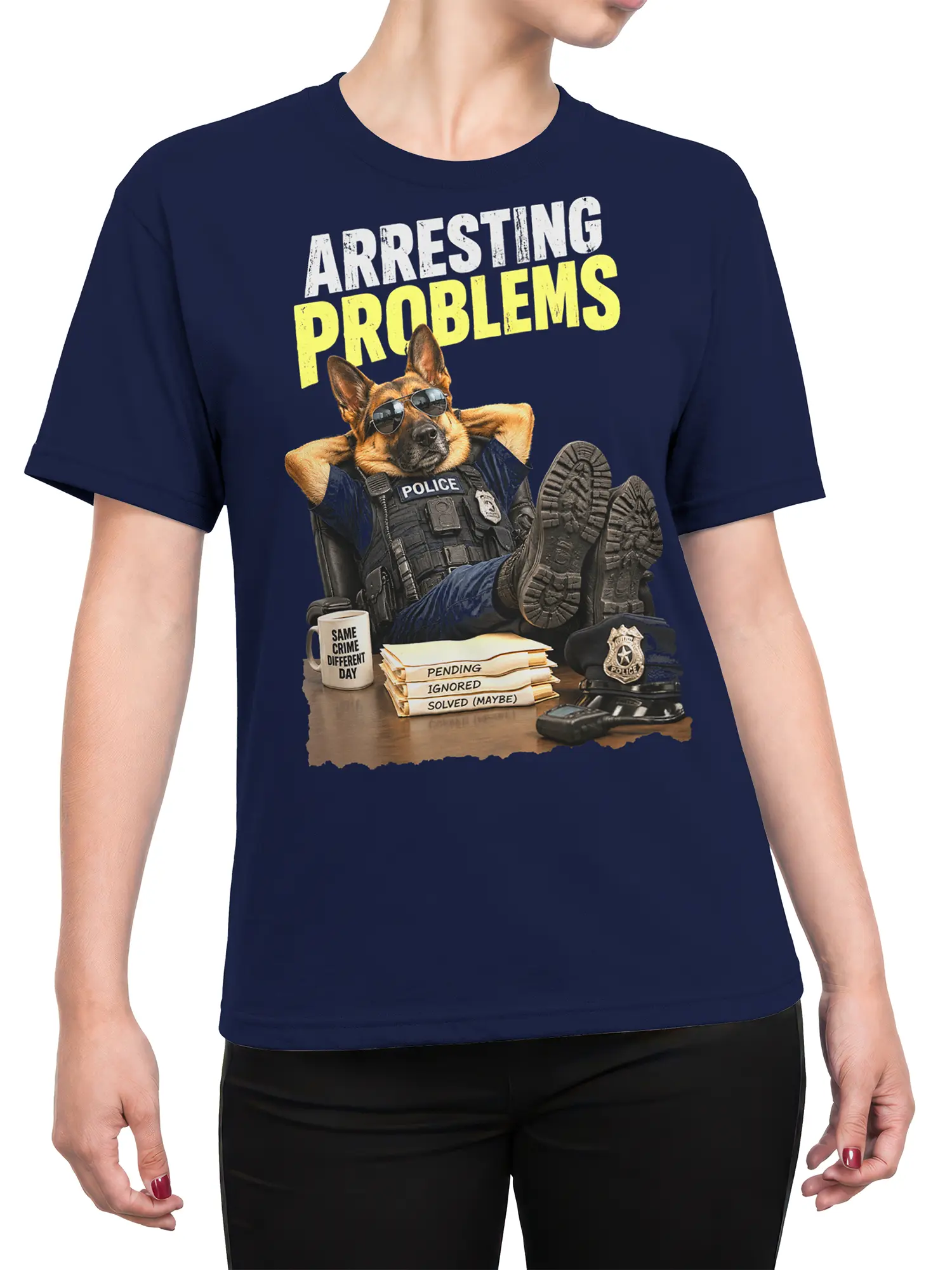 Female torso wearing a navy German shepherd police dog graphic T-shirt with office humor artwork