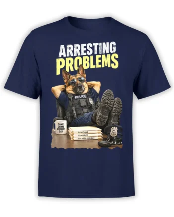 German shepherd police dog in sunglasses relaxing behind paperwork on a navy Arresting Problems T-shirt