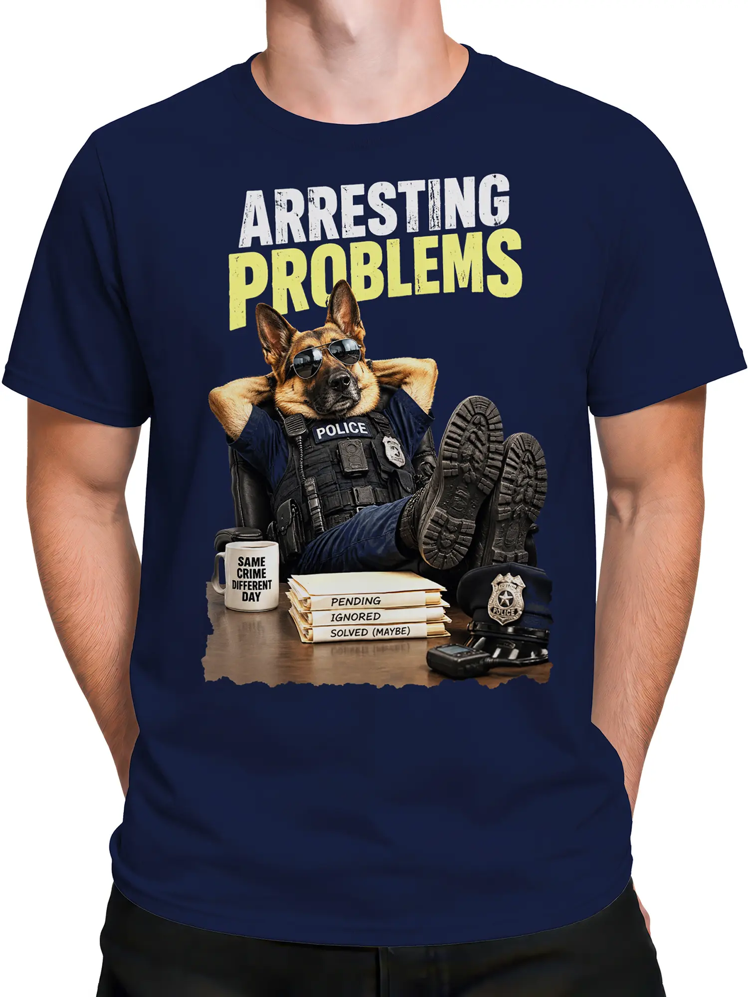 Male torso wearing a navy German shepherd police dog graphic T-shirt with Arresting Problems text