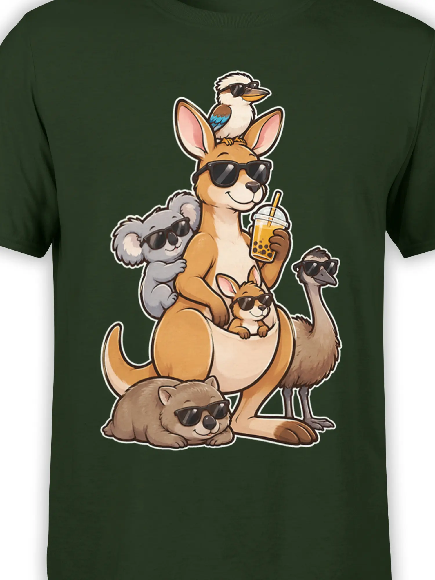 Close-up of Australian animal graphic with sunglasses and bubble tea on dark green fabric