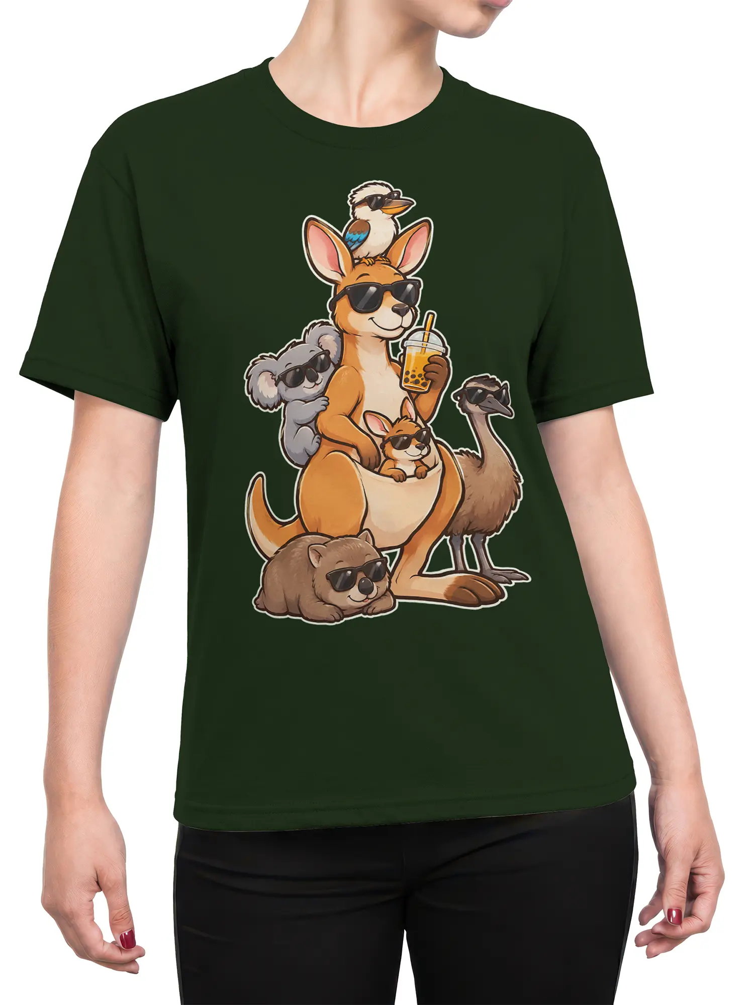 Female torso wearing a dark green T-shirt with a colorful Australian animal graphic