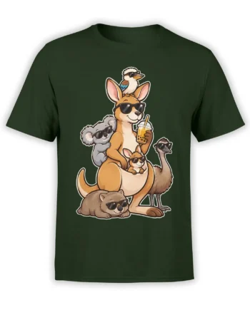 Dark green T-shirt with a sunglass-wearing kangaroo, koala, bird, and other animals