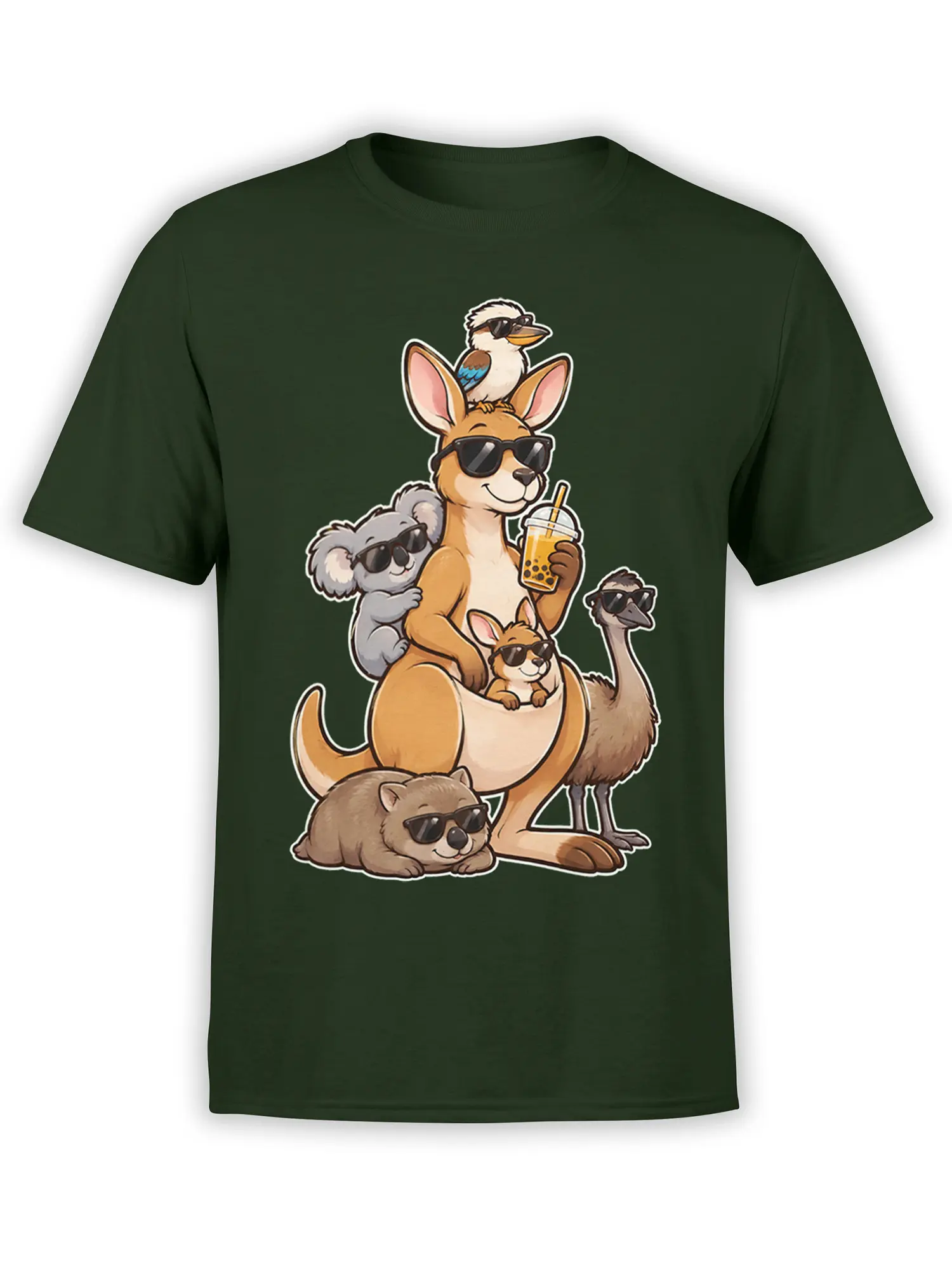 Dark green T-shirt with a sunglass-wearing kangaroo, koala, bird, and other animals