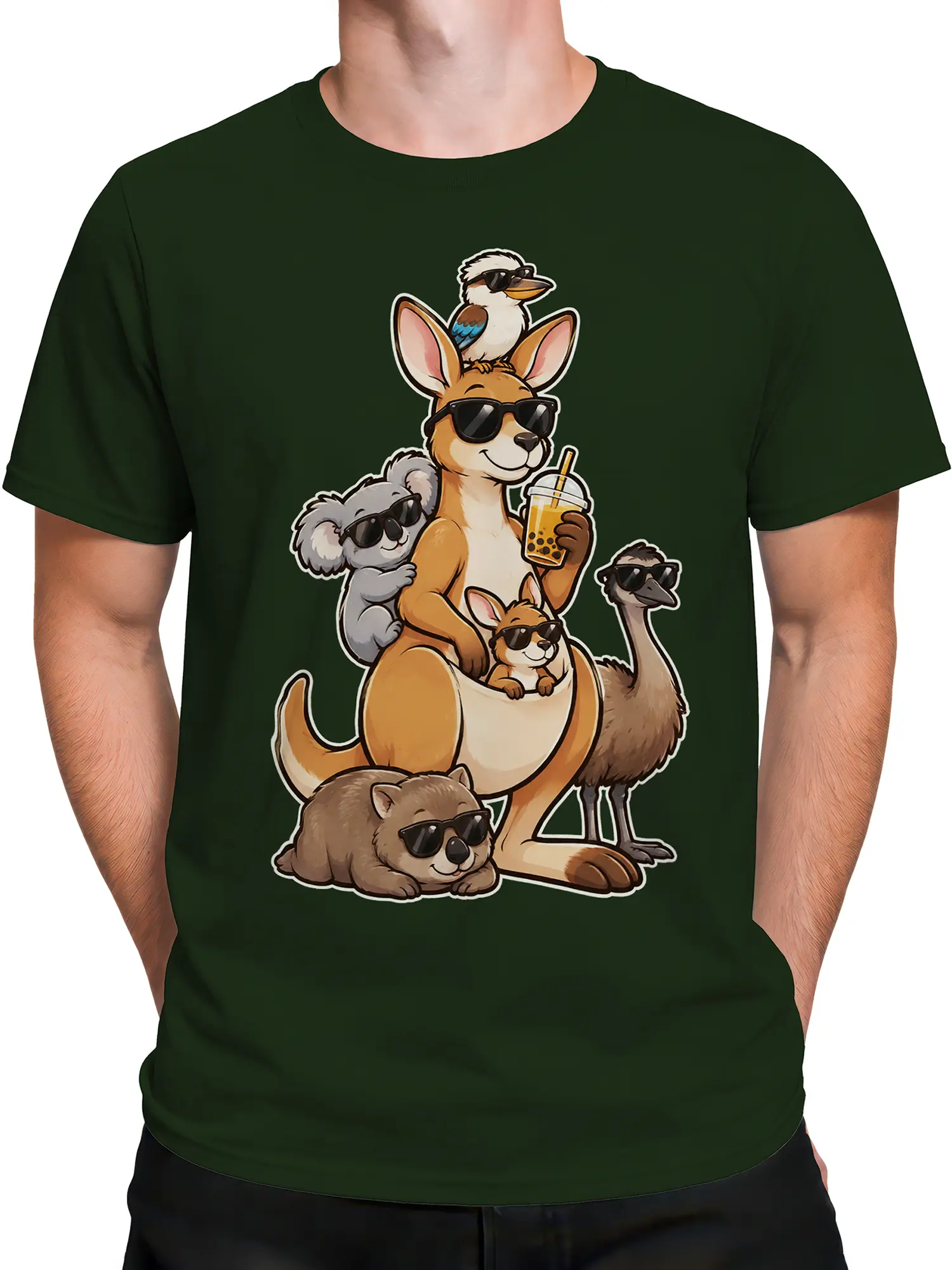 Male torso wearing a dark green Australian animal graphic T-shirt