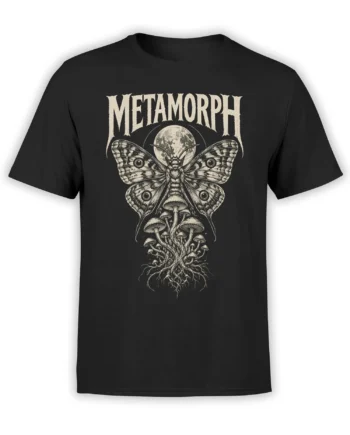 Black moth T-shirt with moon, mushrooms, roots, and cream METAMORPH lettering
