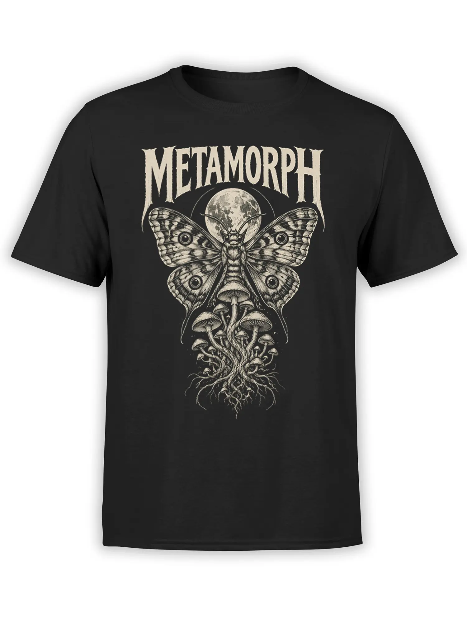 Black moth T-shirt with moon, mushrooms, roots, and cream METAMORPH lettering
