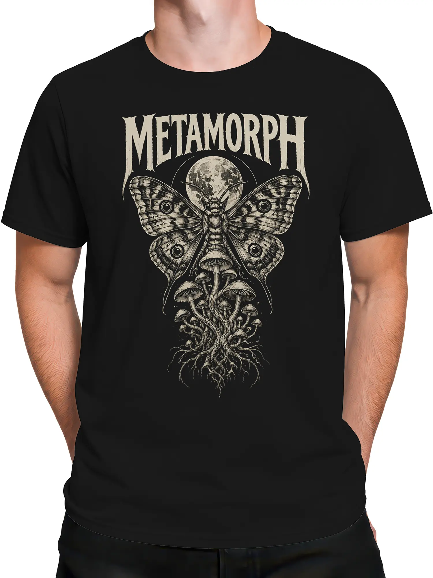 Male torso wearing a black vintage moth T-shirt with moon and mushroom artwork