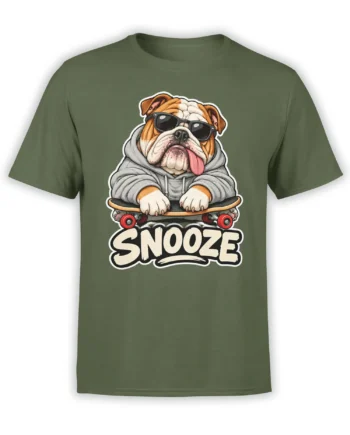 Green T-shirt with a bulldog in sunglasses and a hoodie riding a skateboard above bold Snooze lettering