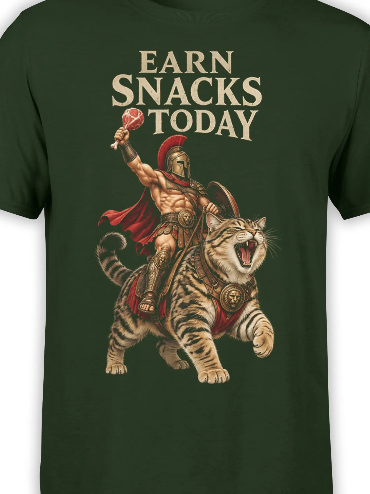 Close-up of roaring tiger and Roman warrior artwork with Earn Snacks Today text on a dark green T-shirt