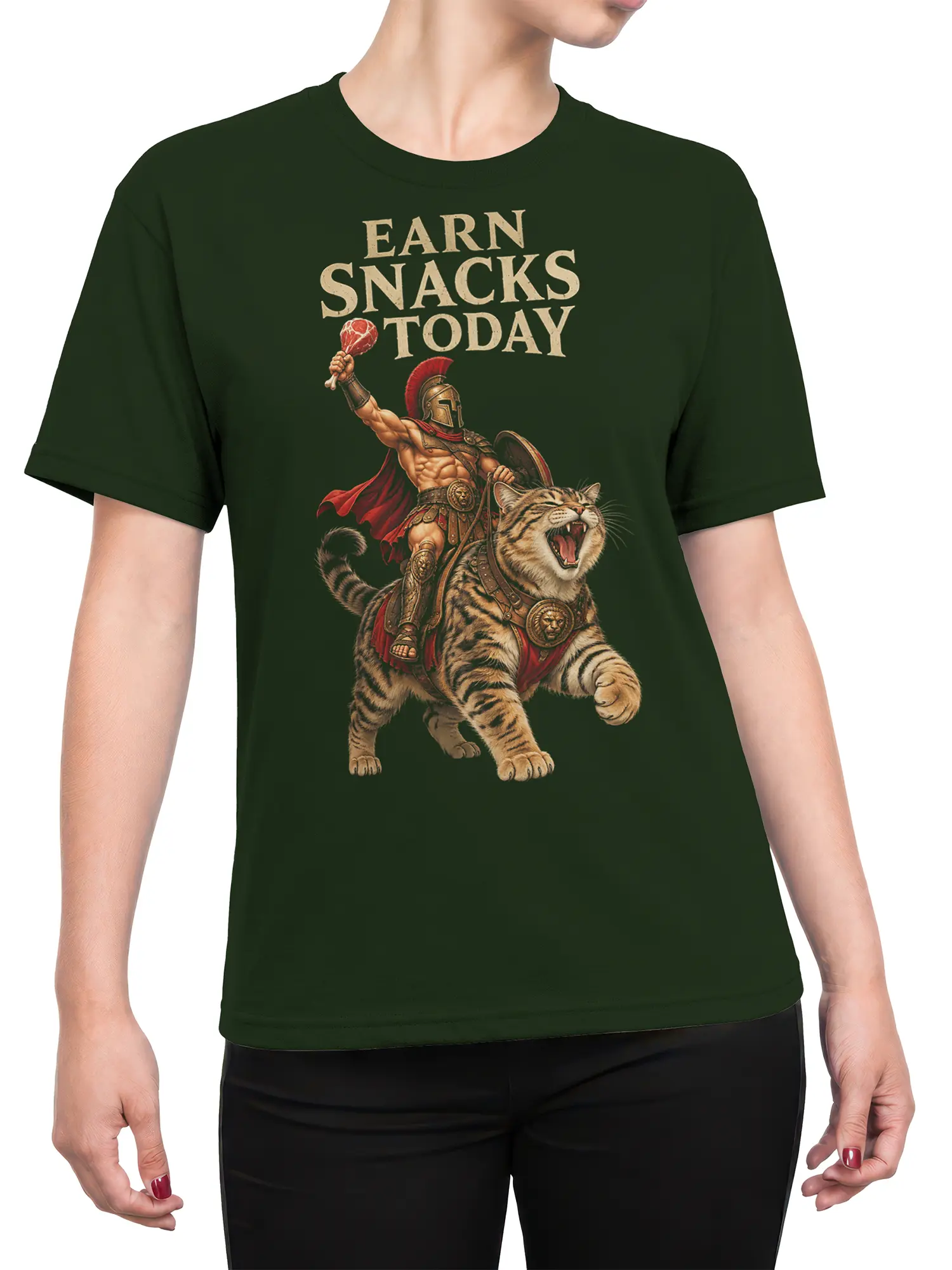 Female torso wearing a dark green tiger T-shirt with a Roman warrior graphic and snack-themed slogan