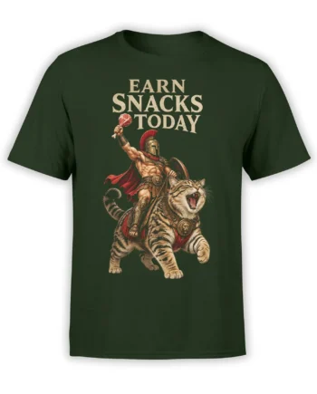 Dark green tiger T-shirt with a roaring striped tiger carrying a Roman warrior and an Earn Snacks Today slogan