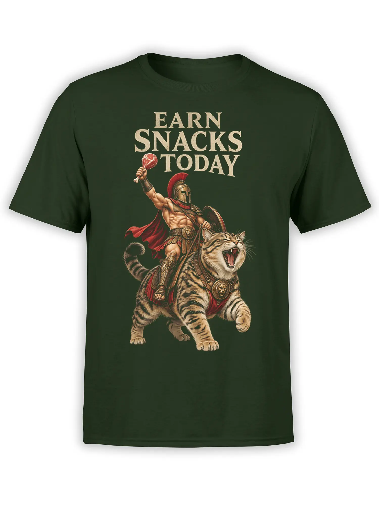 Dark green tiger T-shirt with a roaring striped tiger carrying a Roman warrior and an Earn Snacks Today slogan