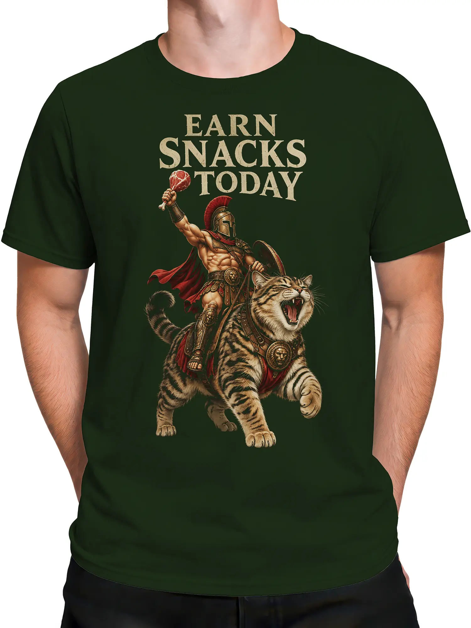 Male torso wearing a dark green tiger T-shirt with a Roman warrior and Earn Snacks Today graphic