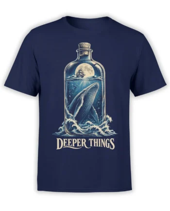 Moonlit whale and sailing ship inside a glass bottle on a navy whale graphic T-shirt