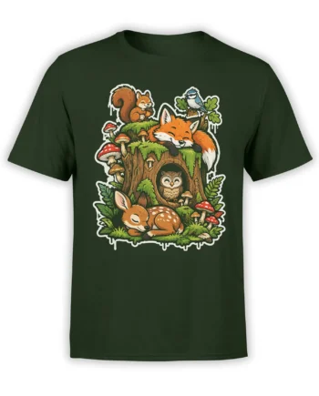 Green forest animal T-shirt with foxes, owl, fawn, blue bird, mushrooms, and a moss-covered tree hollow
