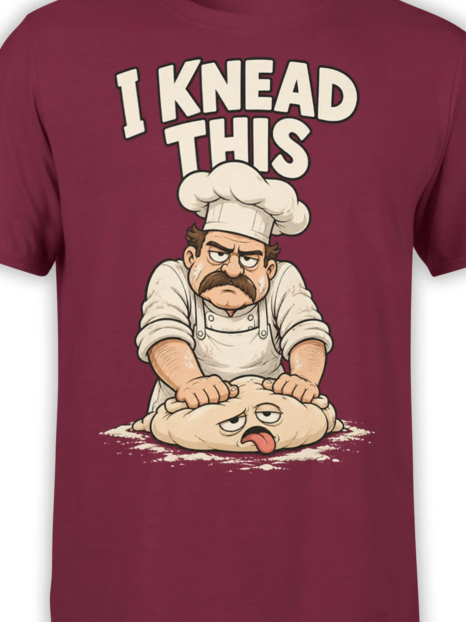 Close-up of the mustached chef, dough, and “I KNEAD THIS” design printed on a burgundy T-shirt