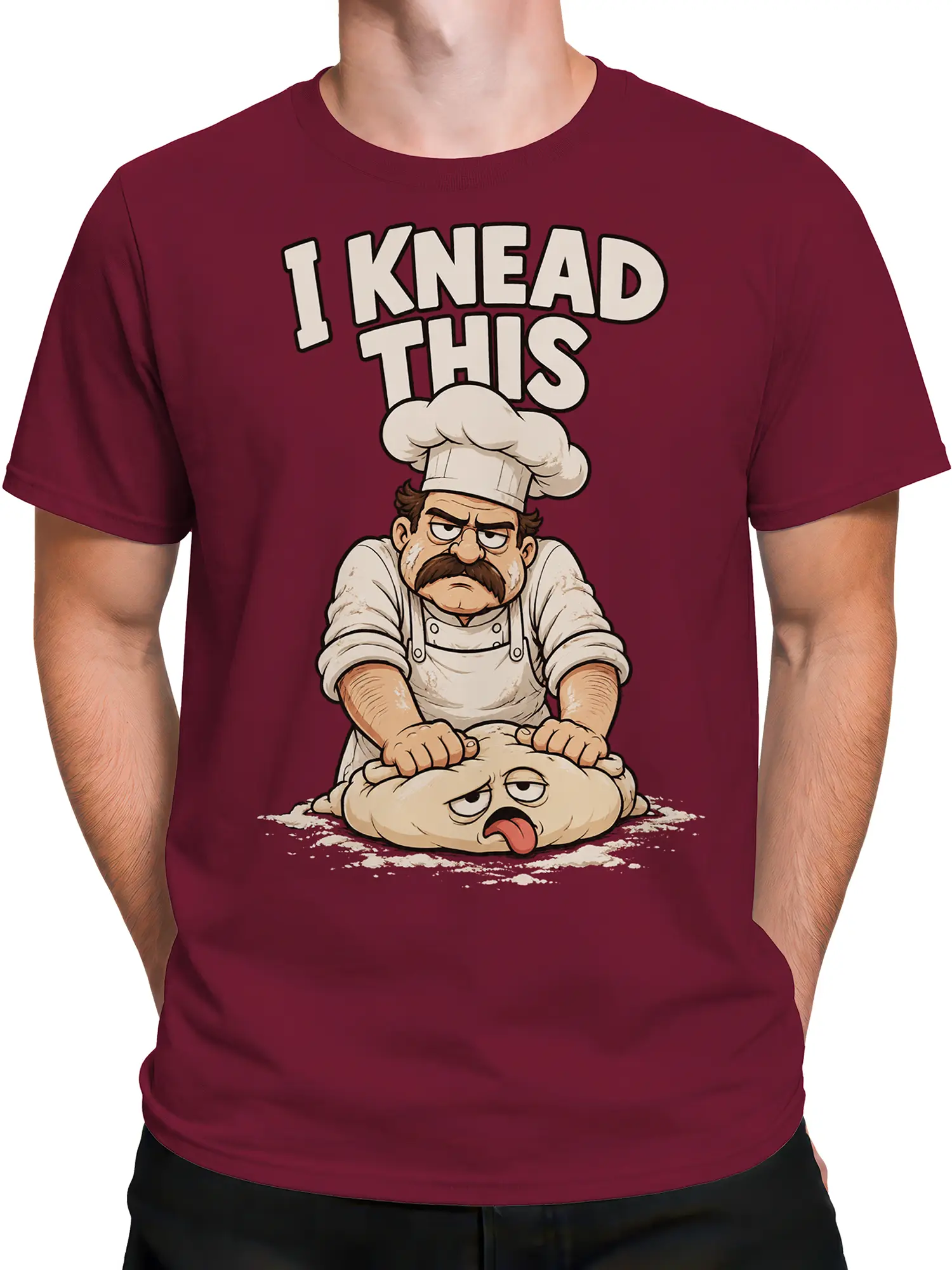 Male torso wearing a burgundy chef graphic T-shirt with a mustached cook and “I KNEAD THIS” slogan