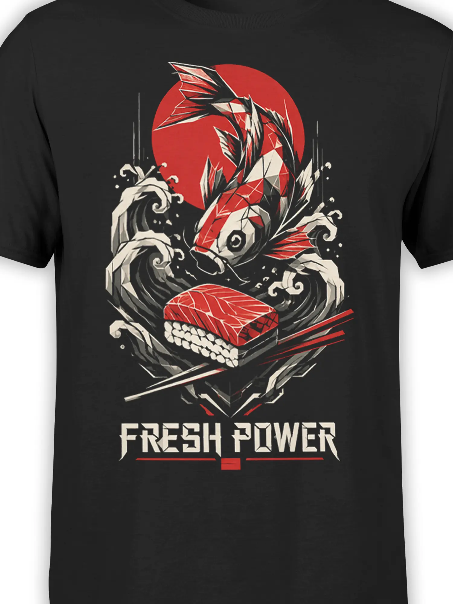 Close-up of koi fish graphic with red sun, angular waves, chopsticks, and FRESH POWER text on black fabric