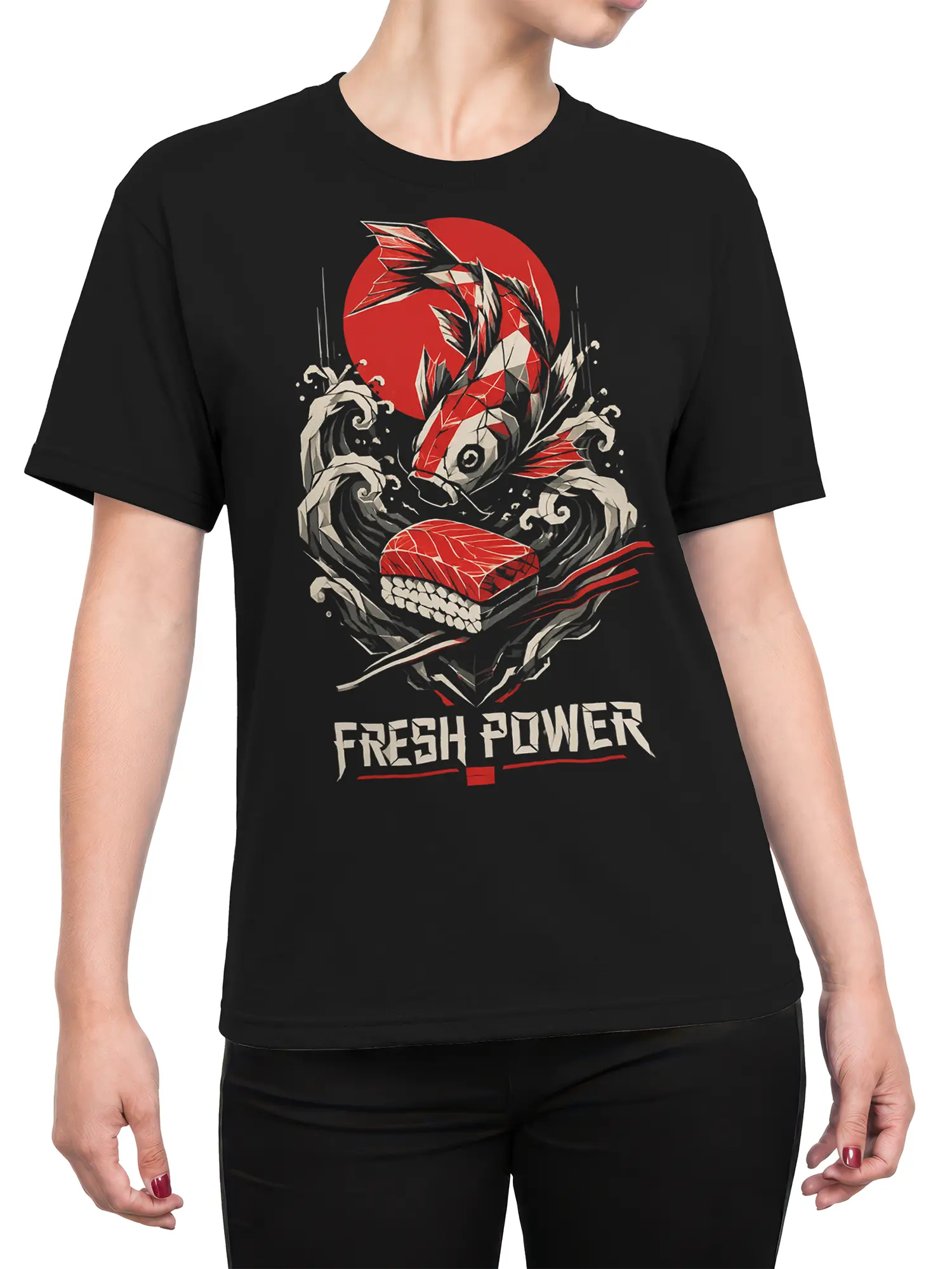 Female torso wearing a black koi fish T-shirt with red sun, wave artwork, chopsticks, and FRESH POWER lettering