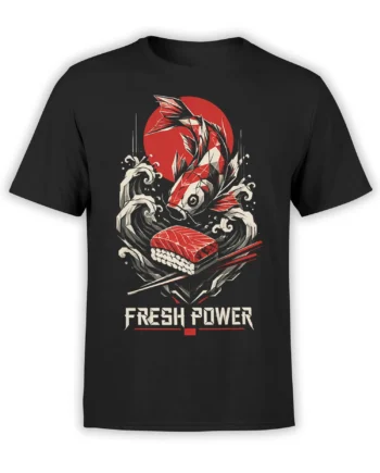 Black T-shirt with stylized koi fish, curling waves, red sun, chopsticks, and FRESH POWER lettering