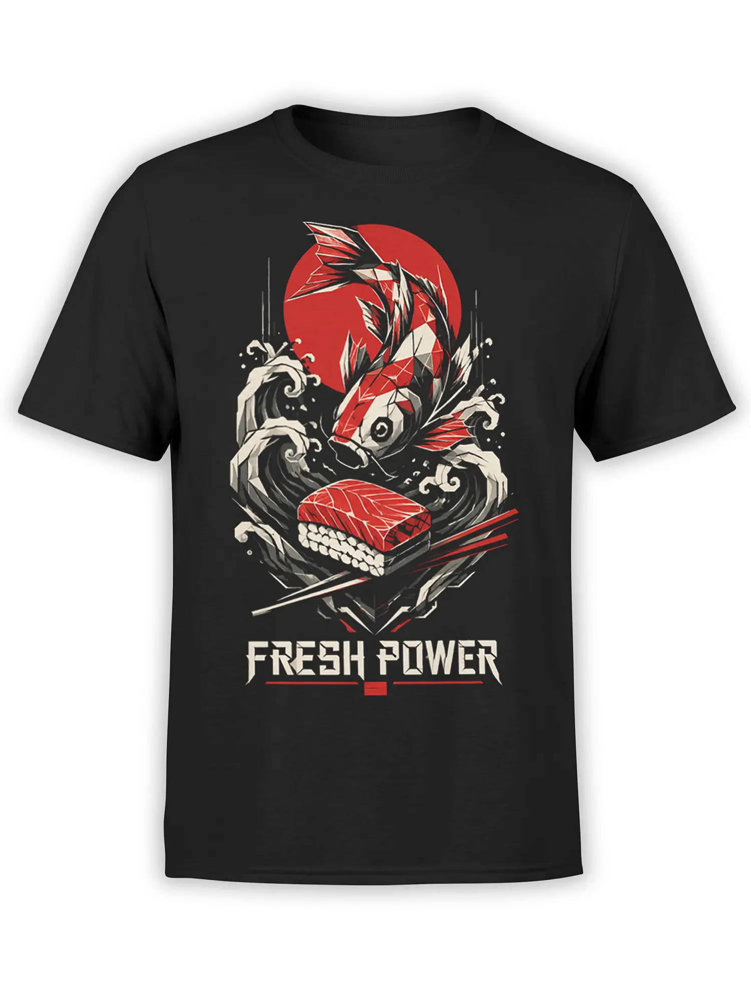 Black T-shirt with stylized koi fish, curling waves, red sun, chopsticks, and FRESH POWER lettering