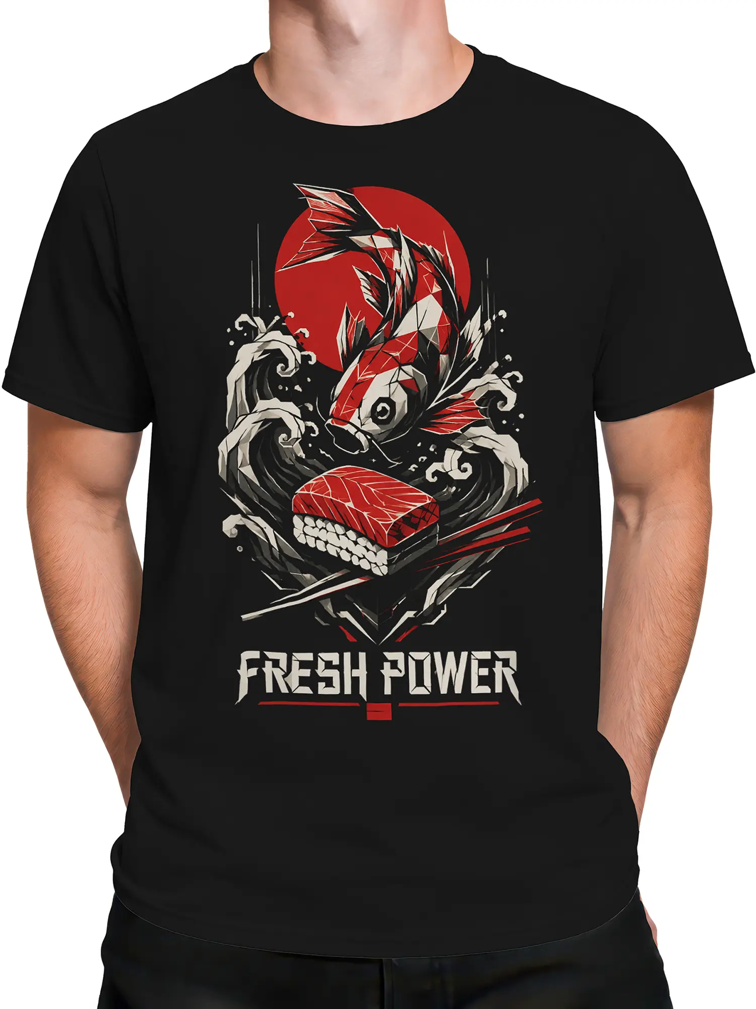 Male torso wearing a black koi fish graphic T-shirt with red sun, waves, chopsticks, and FRESH POWER lettering