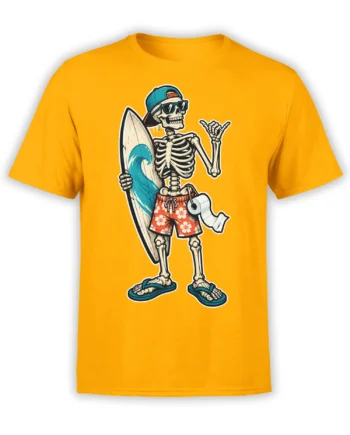 Orange T-shirt featuring a skeleton surfer with sunglasses, floral shorts, flip-flops, and a blue-wave surfboard