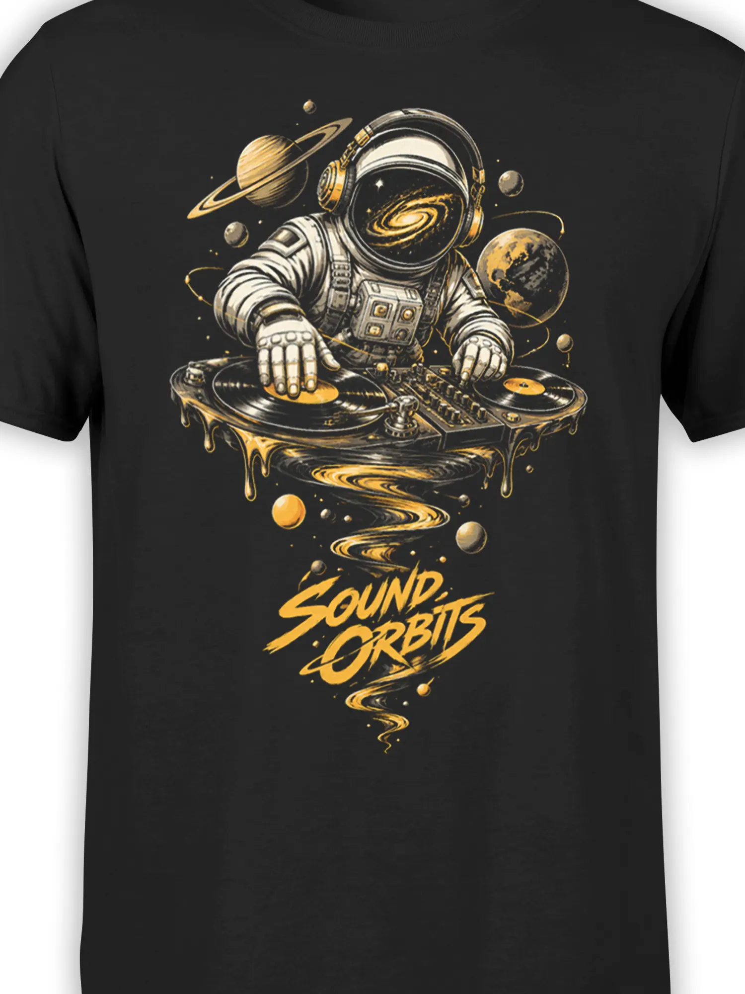 Close-up of astronaut DJ artwork with vinyl turntables, planets, and golden cosmic details on a black shirt