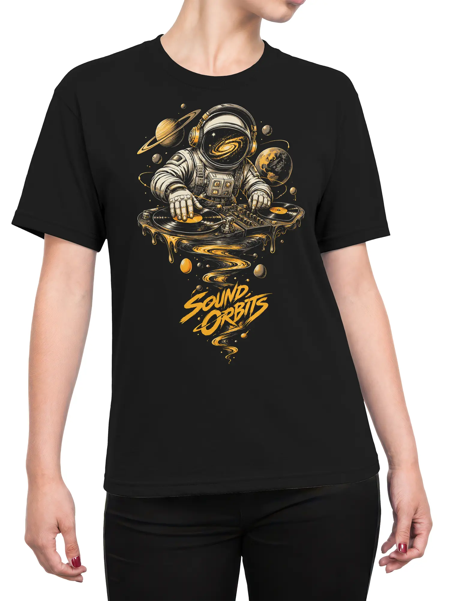 Female torso wearing a black astronaut DJ T-shirt with planets, vinyl records, and golden cosmic artwork