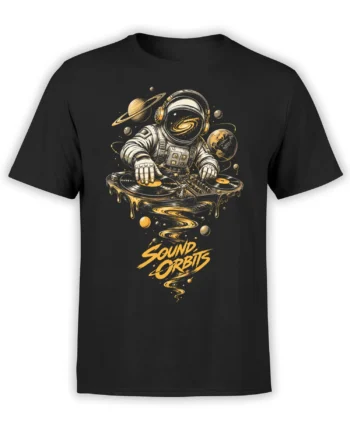 Black astronaut DJ T-shirt with vinyl records, planets, headphones, and golden Sound Orbits artwork