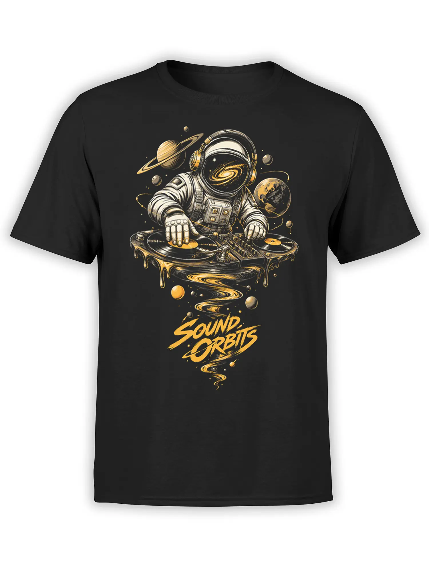 Black astronaut DJ T-shirt with vinyl records, planets, headphones, and golden Sound Orbits artwork