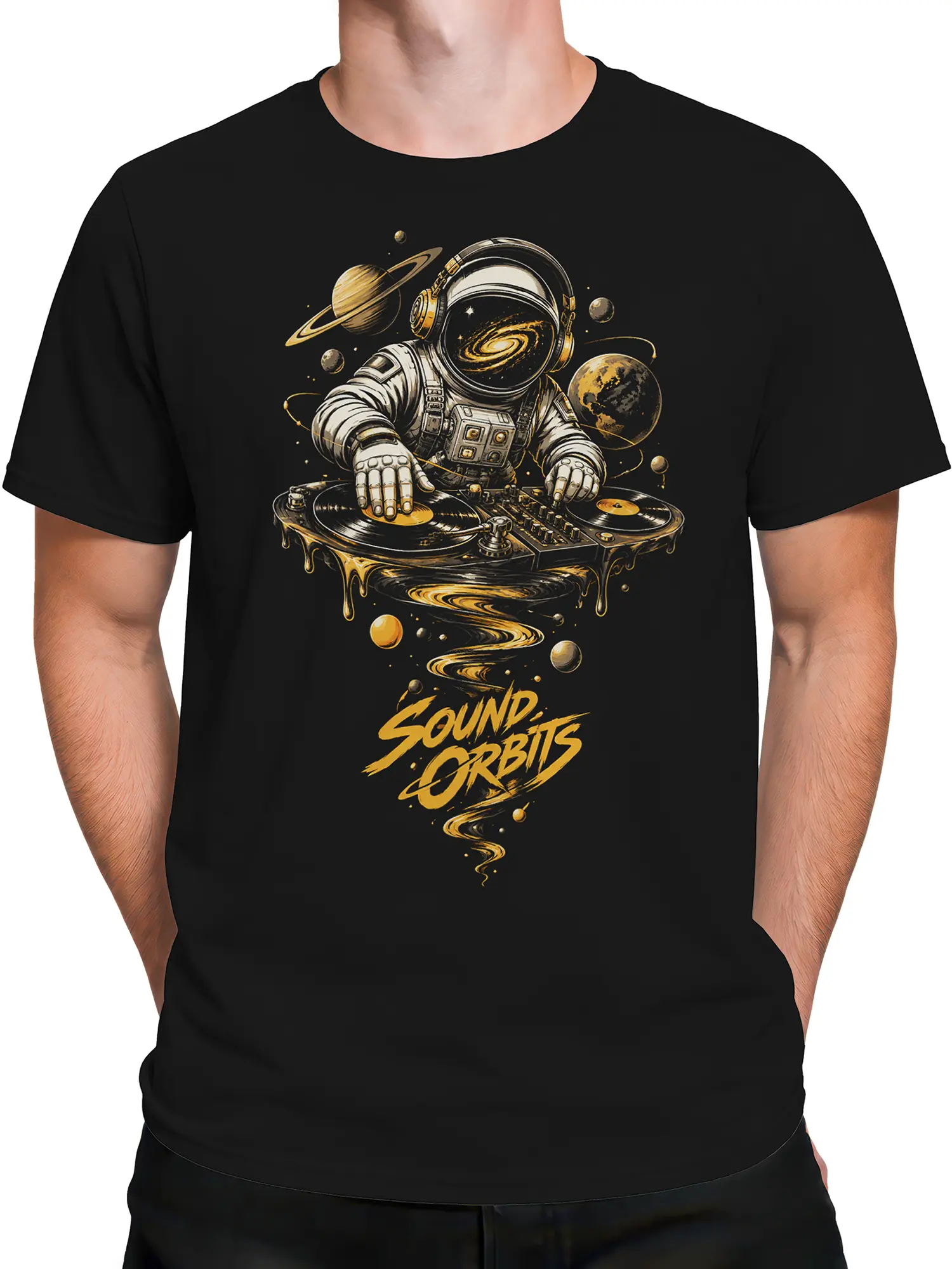 Male torso wearing a black astronaut DJ T-shirt with vinyl records, planets, and golden Sound Orbits artwork