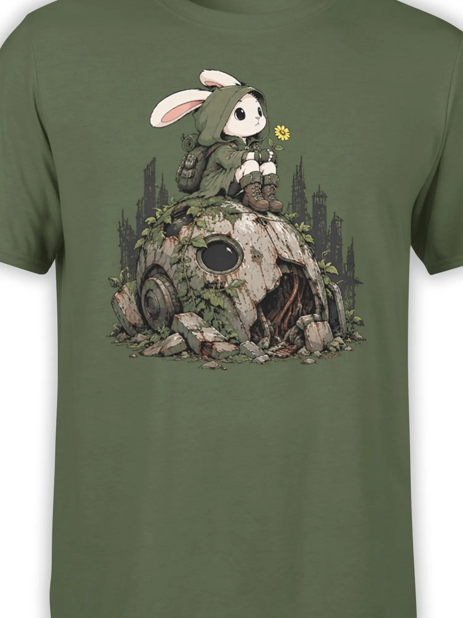 Close-up of hooded rabbit artwork on a green T-shirt with a flower, backpack, and overgrown machine details