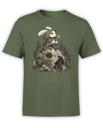 Green rabbit T-shirt with a hooded white bunny, yellow flower, backpack, and ruined machine artwork