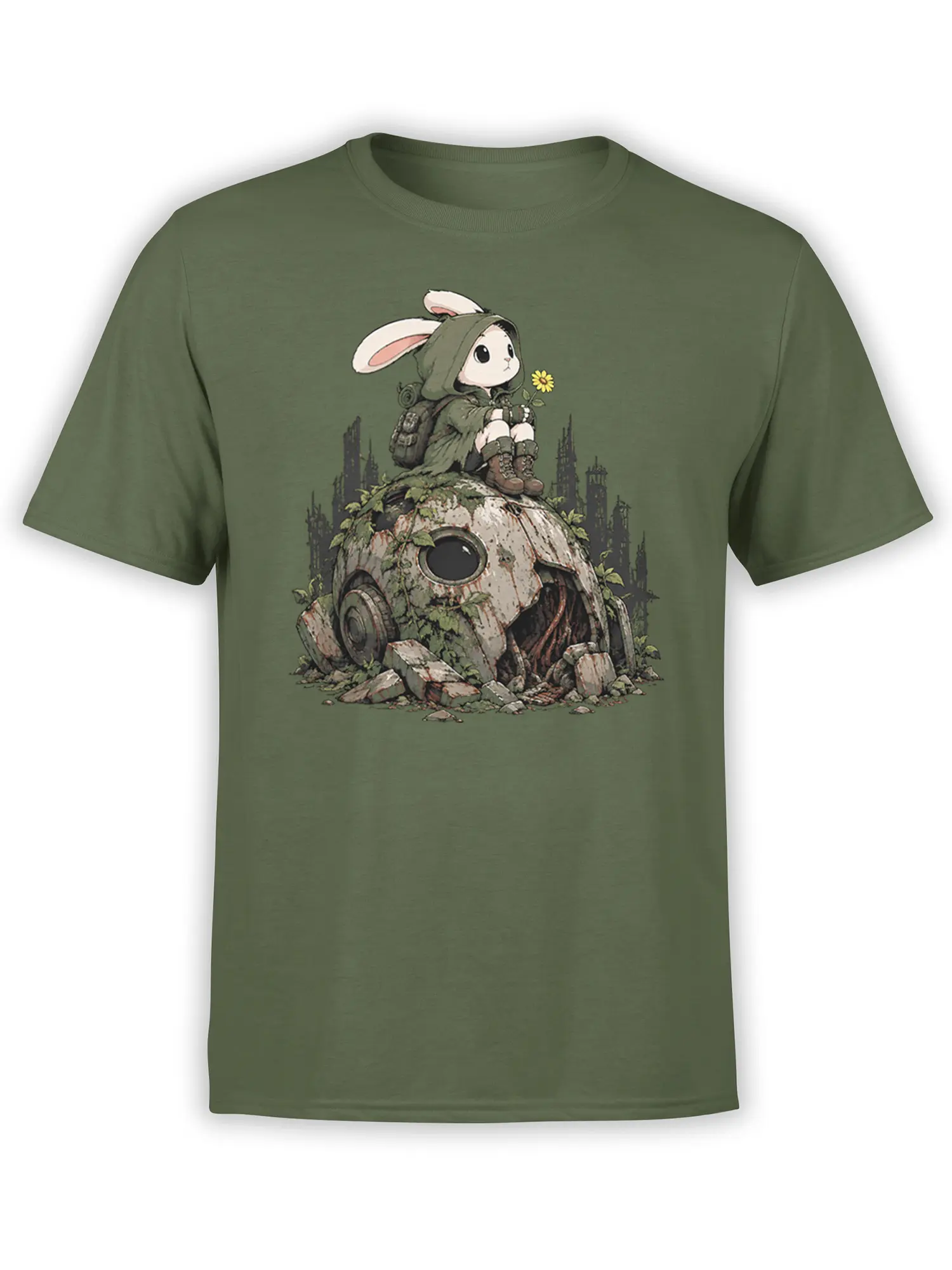 Green rabbit T-shirt with a hooded white bunny, yellow flower, backpack, and ruined machine artwork