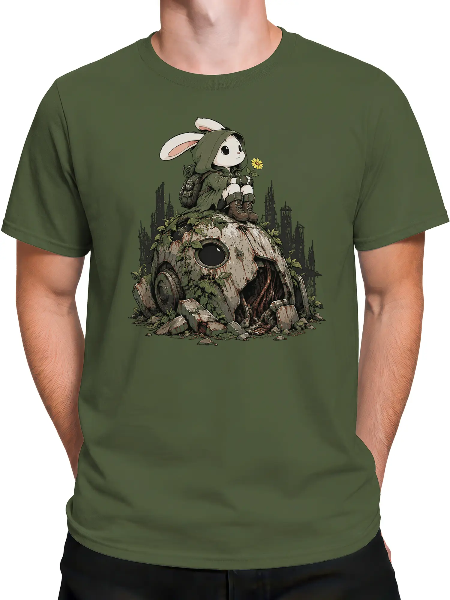 Male torso wearing a green rabbit T-shirt with a hooded bunny and weathered mechanical ruin design
