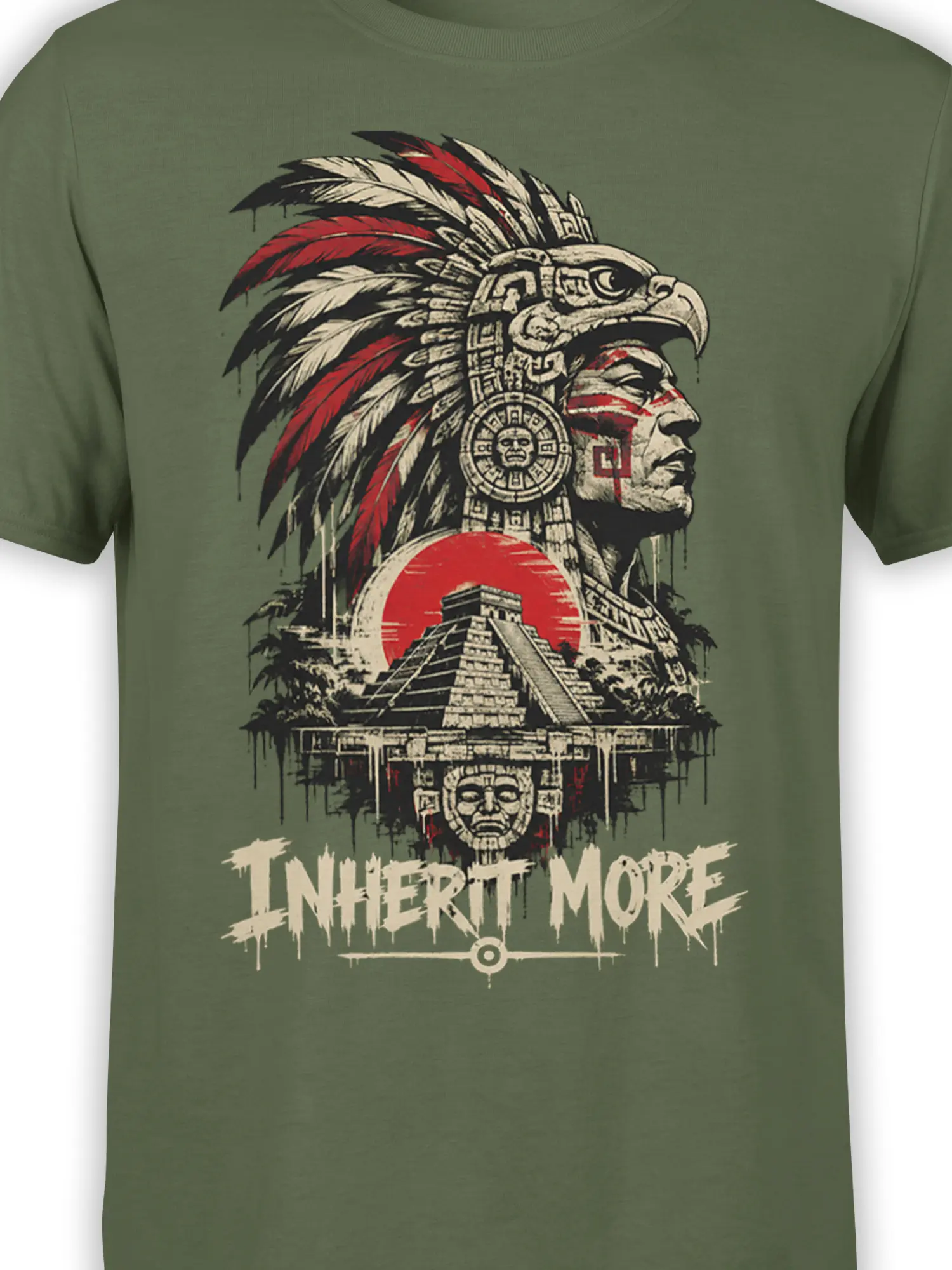 Close-up of the green T-shirt graphic showing the feathered warrior, carved symbols, temple, and red sun