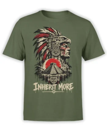Green T-shirt with a feathered warrior profile, ancient temple, red sun, and distressed “INERTI MORE” graphic