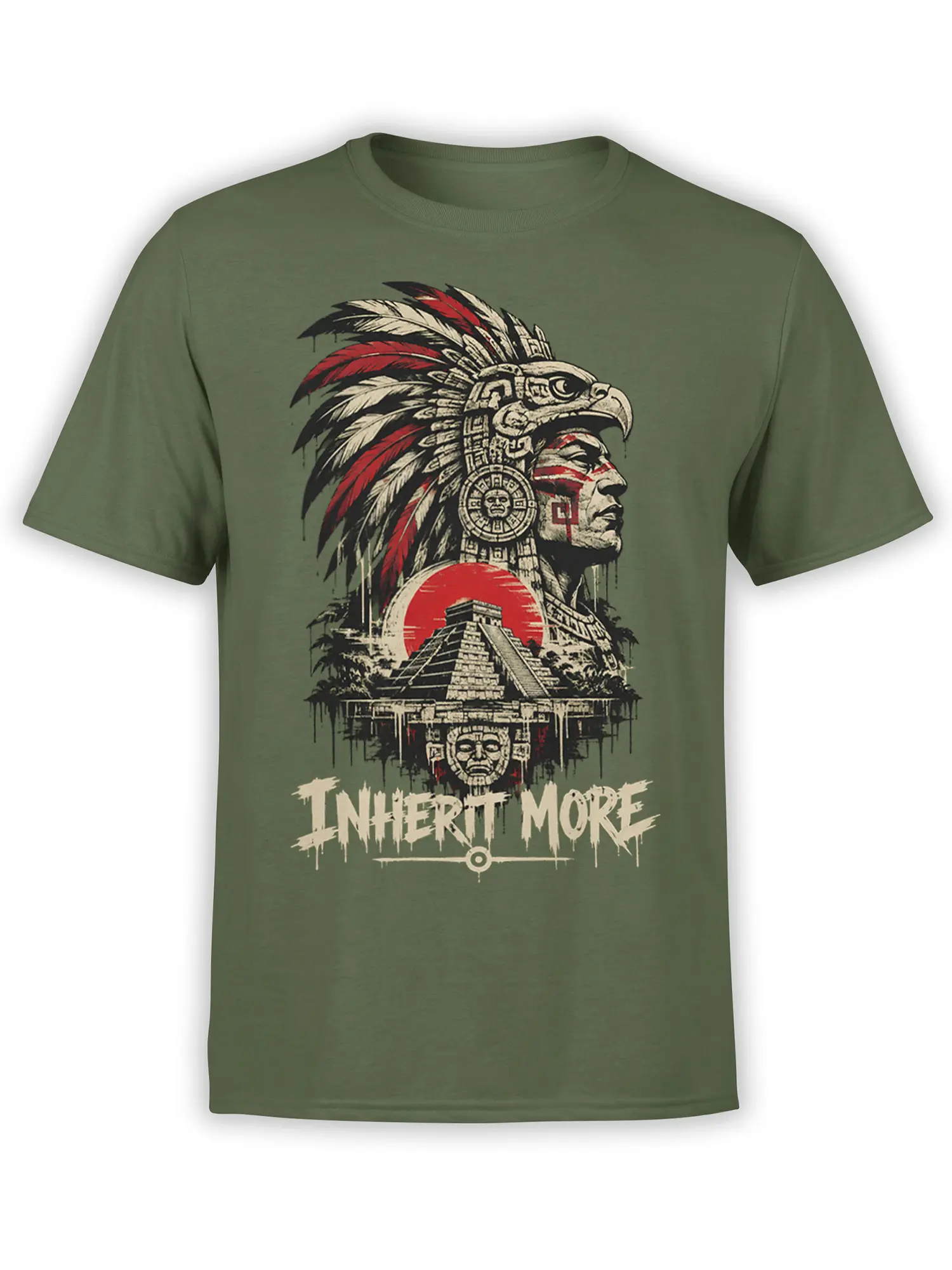 Green T-shirt with a feathered warrior profile, ancient temple, red sun, and distressed “INERTI MORE” graphic