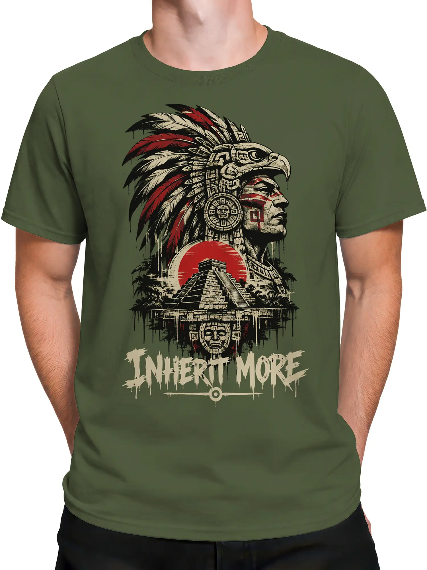 Male torso wearing a green T-shirt with a feathered warrior and temple graphic
