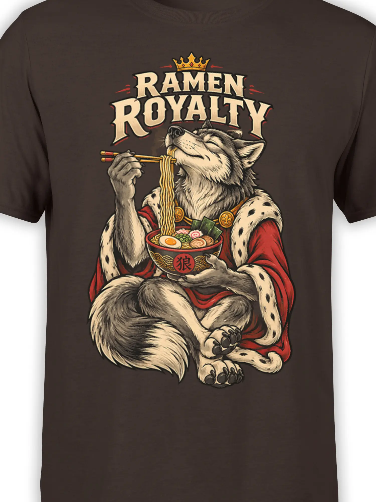 Close-up of crowned wolf, ramen bowl, chopsticks, and royal lettering on a brown graphic T-shirt